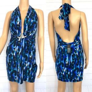 💋 bebe Leopard Deep V Neck Plunging Halter Dress L 💋